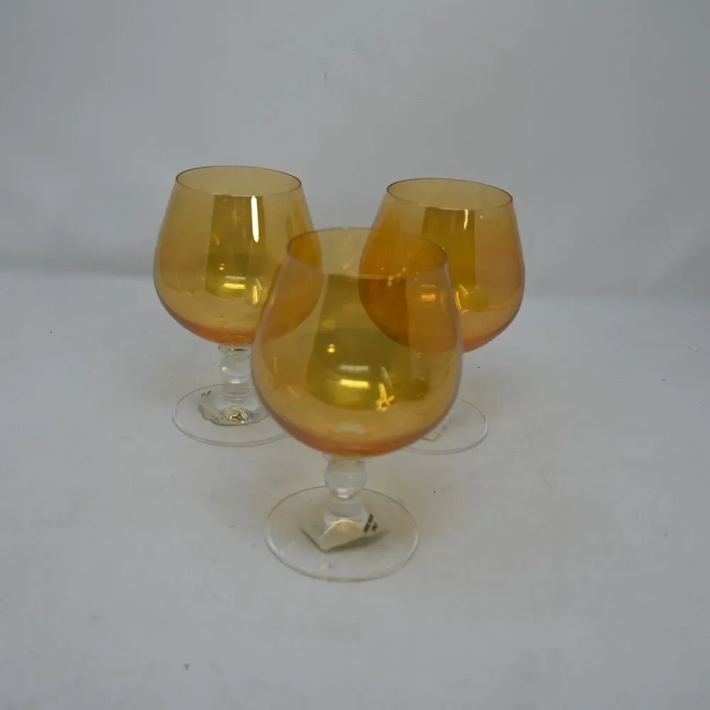 Pier 1 Amber Brandy Snifter Glass Set of 3 Iridescent Hand Wash Only